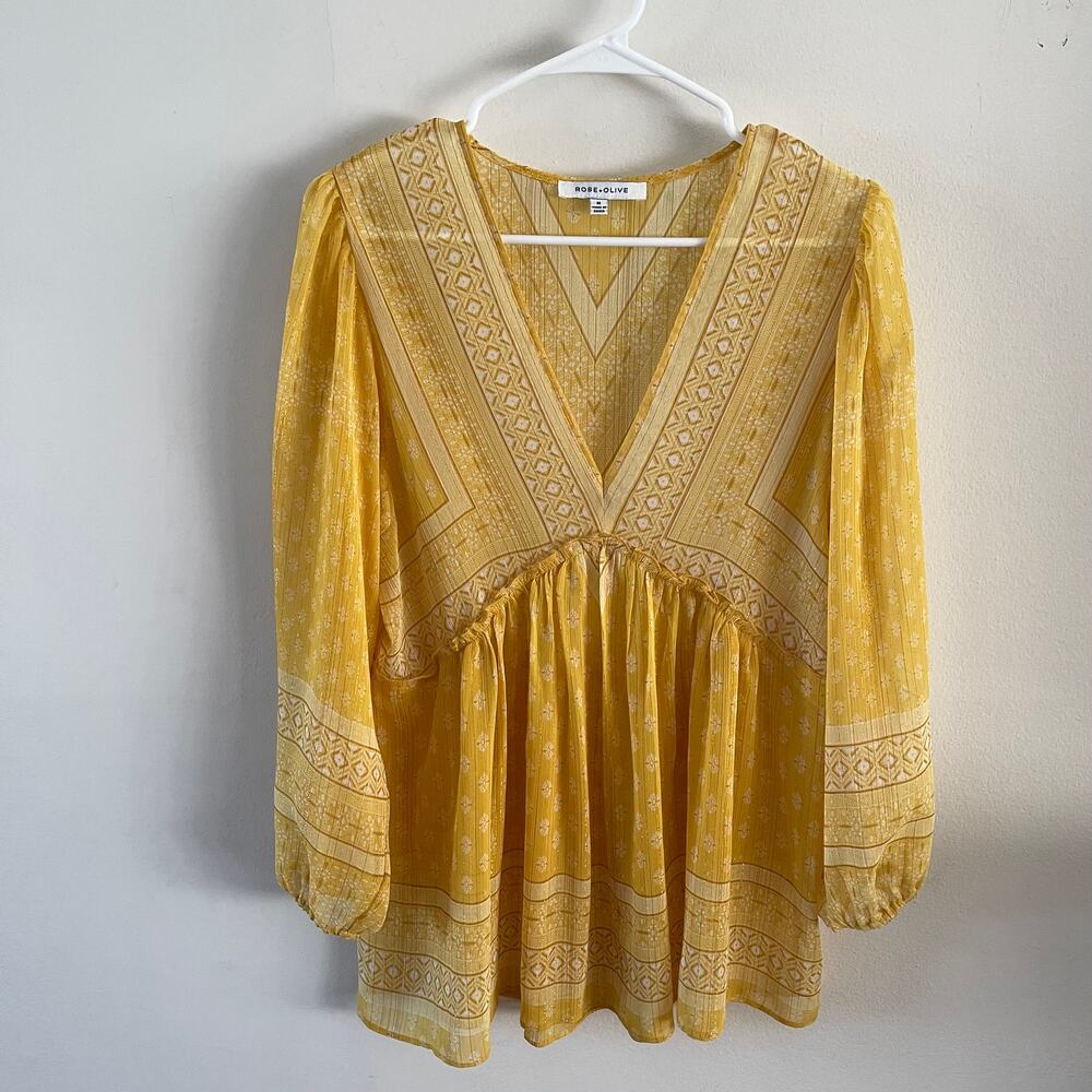 Rose + Olive Womens M Yellow Sheer Balloon Sleeve Blouse Boho Cottagecore Top